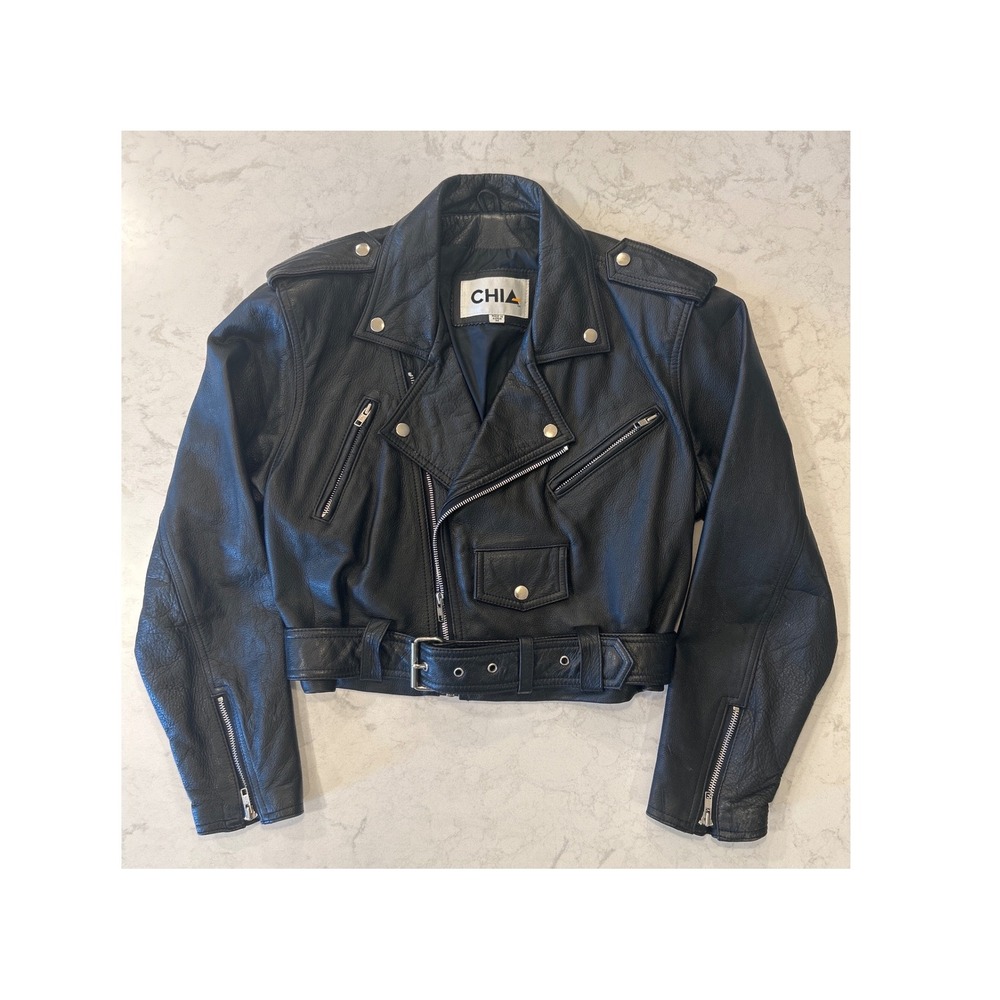 Chia Vintage Moto Leather Jacket Women Medium Black Cropped Biker Belted Grunge